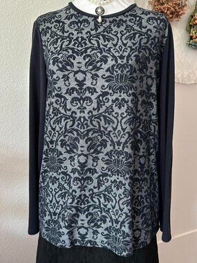 LC Waikiki Navy Blue Damask Print Long Sleeve Sweater Top